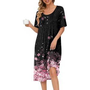 image:imageEkouaer Nightgowns for Women Short Sleeve House Dresses with Pockets Pleated Moo moos Floral Print Mumu DressCherry Blossoms