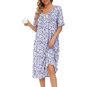 image:imageEkouaer Nightgowns for Women Short Sleeve House Dresses with Pockets Pleated Moo moos Floral Print Mumu DressFloral Purple