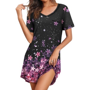 image:imageEkouaer Nightgowns for Women Short Sleeve Sleep Shirts V Neck Nightshirts Soft Sleepshirt Caual T Shirt SleepdressCherry Blossoms