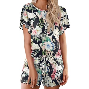 image:imageEkouaer Pajama Set for Women 2 Piece Lounge Set Short Sleeve Pjs Tops and Shorts Soft Sleepwear SXXLArmy Green Leaf