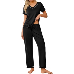 image:imageEkouaer Pajamas for Women Set 2 Piece Lounge Set Soft Pajama Sets Short Sleeve and Pants Pj Sets Loose Sleepwear with PocketsBlack