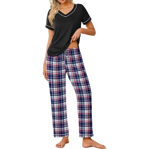 image:imageEkouaer Pajamas for Women Set 2 Piece Lounge Set Soft Pajama Sets Short Sleeve and Pants Pj Sets Loose Sleepwear with PocketsBleu and Red Plaid