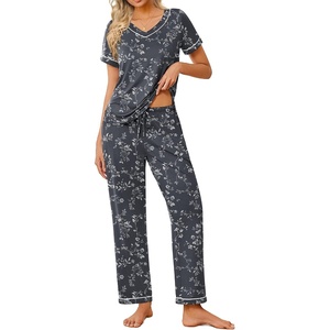 image:imageEkouaer Pajamas for Women Set 2 Piece Lounge Set Soft Pajama Sets Short Sleeve and Pants Pj Sets Loose Sleepwear with PocketsGrey Flower
