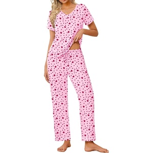 image:imageEkouaer Pajamas for Women Set 2 Piece Lounge Set Soft Pajama Sets Short Sleeve and Pants Pj Sets Loose Sleepwear with PocketsHeart Pattern
