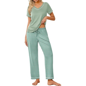 image:imageEkouaer Pajamas for Women Set 2 Piece Lounge Set Soft Pajama Sets Short Sleeve and Pants Pj Sets Loose Sleepwear with PocketsLight Green Plaid