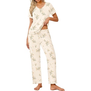 image:imageEkouaer Pajamas for Women Set 2 Piece Lounge Set Soft Pajama Sets Short Sleeve and Pants Pj Sets Loose Sleepwear with PocketsLight Yellow Flowers