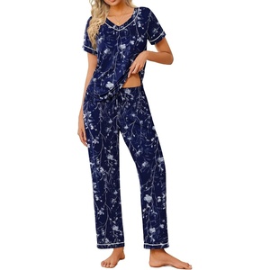image:imageEkouaer Pajamas for Women Set 2 Piece Lounge Set Soft Pajama Sets Short Sleeve and Pants Pj Sets Loose Sleepwear with PocketsNavy Blue Flower