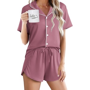 image:imageEkouaer Pajamas for Women Set Button Up Sleepwear 2 Piece Pjs Lounge Set Short Sleeve NightwearMauve