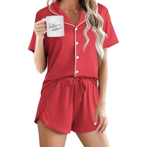 image:imageEkouaer Pajamas for Women Set Button Up Sleepwear 2 Piece Pjs Lounge Set Short Sleeve NightwearRed