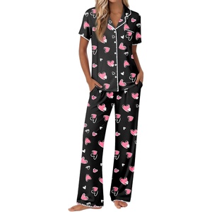 image:imageEkouaer Pajamas for Women Set Button Up Soft Pjs Short Sleeve 2 Piece Lounge Sets Comfy SleepwearBlack With Pink Hearts