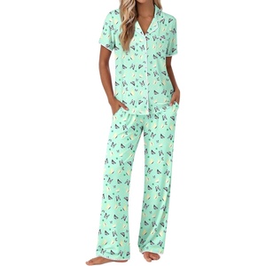 image:imageEkouaer Pajamas for Women Set Button Up Soft Pjs Short Sleeve 2 Piece Lounge Sets Comfy SleepwearGreen Butterfly
