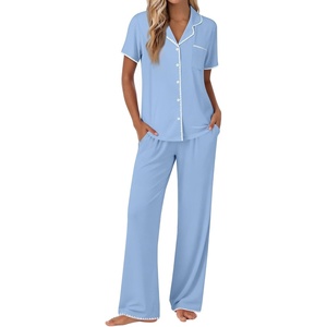 image:imageEkouaer Pajamas for Women Set Button Up Soft Pjs Short Sleeve 2 Piece Lounge Sets Comfy SleepwearLight Blue