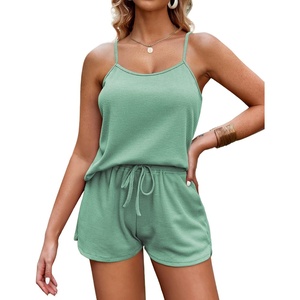 image:imageEkouaer Pajamas for Women Soft Lingerie Sleepwear 2 Piece Cami Shorts Set Waffle Knit Pj Loungewear