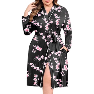 image:imageEkouaer Plus Size Robes for Women Lightweight Bathrobe V Neck Kimono Loungewear Soft Maternity Robes with Pockets 1X5XBlackPeach Blossom