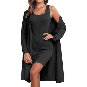 image:imageEkouaer Robe Sets for Women Sleepwear Rib Knit Bodycon Nightgown with Robes Set 2 Piece Soft Lightweight Loungewear