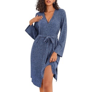 image:imageEkouaer Robe for Women Ribbed Knit Bathrobe Soft Knee Length Kimono Robes Ladies Sleepwear with Pockets SXXL
