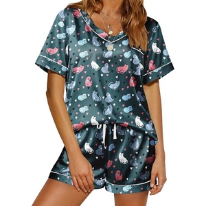 image:imageEkouaer Silk Pajama for Women Short Sleeve Satin Pj Set Two Piece Soft Sleepwear Loungewear SXXLDark Blue Cat  Heart