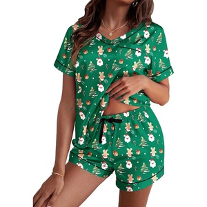 image:imageEkouaer Silk Pajama for Women Short Sleeve Satin Pj Set Two Piece Soft Sleepwear Loungewear SXXLGreen Santa Claus