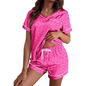 image:imageEkouaer Silk Pajama for Women Short Sleeve Satin Pj Set Two Piece Soft Sleepwear Loungewear SXXLPink Leopard