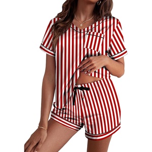 image:imageEkouaer Silk Pajama for Women Short Sleeve Satin Pj Set Two Piece Soft Sleepwear Loungewear SXXLRedwhite Stripes