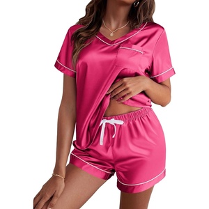 image:imageEkouaer Silk Pajama for Women Short Sleeve Satin Pj Set Two Piece Soft Sleepwear Loungewear SXXLRose Red