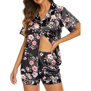 image:imageEkouaer Silk Pajamas for Women Short Sleeve Sleepwear Soft Button Down Loungewear 2 Piece Satin Pjs Shorts SetFloral Black Pink