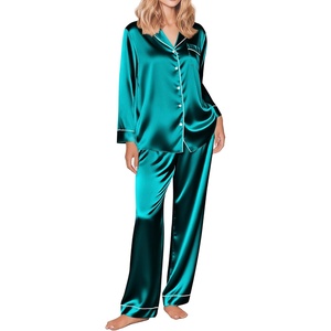 image:imageEkouaer Silk Satin Pajama Set for Womens Button Up Long Sleeve Pjs Sleepwear Soft 2 Piece Loungewear SXXLBlue Green