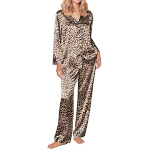 image:imageEkouaer Silk Satin Pajama Set for Womens Button Up Long Sleeve Pjs Sleepwear Soft 2 Piece Loungewear SXXLCheetah Print