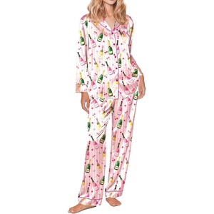 image:imageEkouaer Silk Satin Pajama Set for Womens Button Up Long Sleeve Pjs Sleepwear Soft 2 Piece Loungewear SXXLPink Striped Wine Bottle