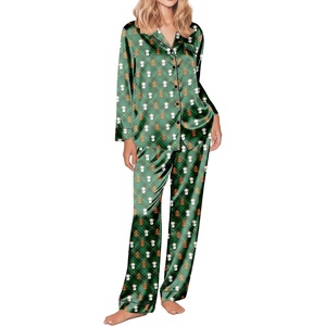 image:imageEkouaer Silk Satin Pajama Set for Womens Button Up Long Sleeve Pjs Sleepwear Soft 2 Piece Loungewear SXXLZ Green Christmas Teddy