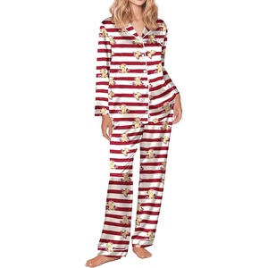 image:imageEkouaer Silk Satin Pajamas for Women Teddy Bear Pjs Set Button Down Long Sleeve Loungewear Cute Sleepwear Red Stripe Teddy M