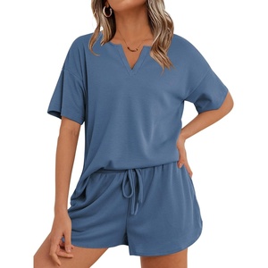 image:imageEkouaer Waffle Knit Lounge Sets for Women 2 Piece Outfits Short Sleeve Top and Shorts Pajama Sets Tracksuit Sweatsuits SXXL