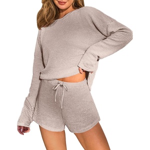 image:imageEkouaer Waffle Knit Pajama Sets for Women Solid Lounge Sets Long Sleeve Top and Shorts Pjs SXXL