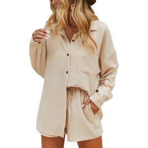 image:imageEkouaer Women 2 Piece Sets Lounge Sets Summer Outfits Button Down Shirts and Casual Shorts with Pockets