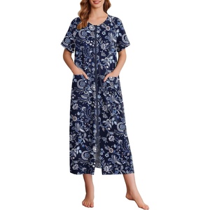 image:imageEkouaer Women Long House Coat Zipper Front Robes Full Length Nightgowns with Pockets Striped Loungewear S4XLDark Blue Flower