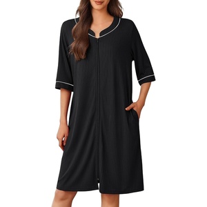 image:imageEkouaer Women Robes Zipper Front 34 Sleeve Housecoat Zip Up Bathrobes Lightweight Nightgown with Pockets SXXLBlack