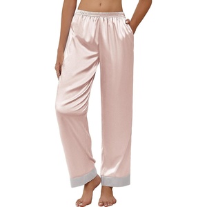 image:imageEkouaer Women Silk Satin Pajama Pants Color Block Loose Lounge Pants Elastic Waist Pj Bottoms with PocketsChampagne