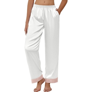 image:imageEkouaer Women Silk Satin Pajama Pants Color Block Loose Lounge Pants Elastic Waist Pj Bottoms with PocketsWhite