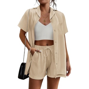image:imageEkouaer Womens 2 Piece Lounge Set Short Sleeve Button Down Shirt Vacation Outfits Casual Loungewear with Pockets