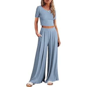 image:imageEkouaer Womens 2 Piece Lounge Sets Short Sleeve Pajama Set Ribbed Knit Crop Top Wide Leg Pants Loungewear SXXLLight Blue