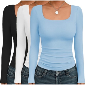 image:imageEkouaer Womens 3 Pack Long Sleeve Shirts Square Neck Basic Tops Fitted Tee Thermal Undershirts XSXXLBlackWhiteLight Blue
