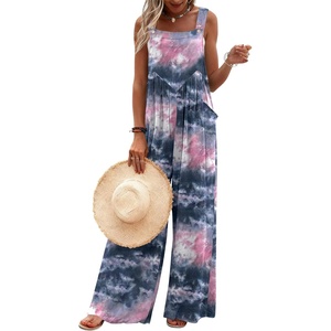 image:imageEkouaer Womens Casual Overalls Loose Wide Leg Jumpsuits Summer Boho Floral Printed Baggy Rompers with PocketsPink Grey Tie Dye