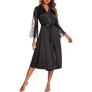 image:imageEkouaer Womens Floral Lace Kimono Robe Long Sleeves Dressing Gown Bathrobe Bride Robe NightwearBlack