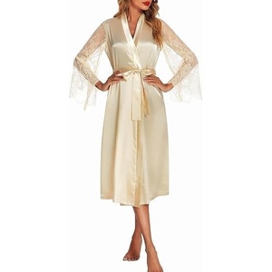 image:imageEkouaer Womens Floral Lace Kimono Robe Long Sleeves Dressing Gown Bathrobe Bride Robe NightwearDark Pink