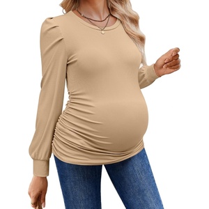 image:imageEkouaer Womens Maternity Shirts Long Sleeve Pregnancy Tops Basic Ribbed Knit Pregnant BlousesKhaki Brown