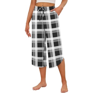 image:imageEkouaer Womens Pajama Pants Capri 2026 Wide Leg Lounge Pj Pants Summer Comfy Drawstring Pajama Bottoms with PocketsBlack Plaid