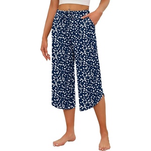 image:imageEkouaer Womens Pajama Pants Capri 2026 Wide Leg Lounge Pj Pants Summer Comfy Drawstring Pajama Bottoms with PocketsBlue Flower