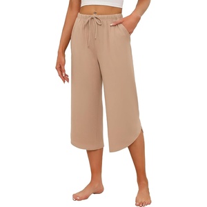image:imageEkouaer Womens Pajama Pants Capri 2026 Wide Leg Lounge Pj Pants Summer Comfy Drawstring Pajama Bottoms with PocketsKhaki