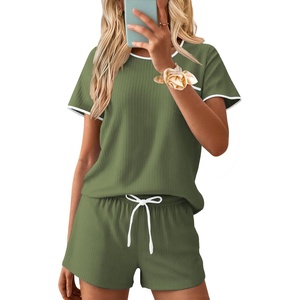image:imageEkouaer Womens Pajama Set Ribbed Knit Soft Shorts Pjs Summer Sleepwear Two Piece Casual Lounge Sets with Drawstring amp PocketsArmy Green