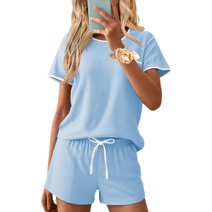 image:imageEkouaer Womens Pajama Set Ribbed Knit Soft Shorts Pjs Summer Sleepwear Two Piece Casual Lounge Sets with Drawstring amp PocketsClear Blue